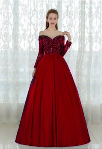G227 (2), Wine Satin Full Sleeves Off Shoulder Trail Ball gown, Size (XS-30 to L-40)