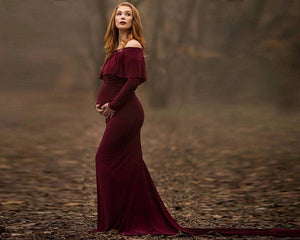G242,  Dark Wine Off Shoulder Full Sleeves Maternity Shoot Trail Baby Shower Gown, Size (All))