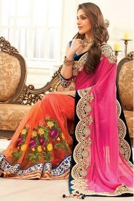 L61,Orange Pink Saree, Size (XS-30 to L-38)