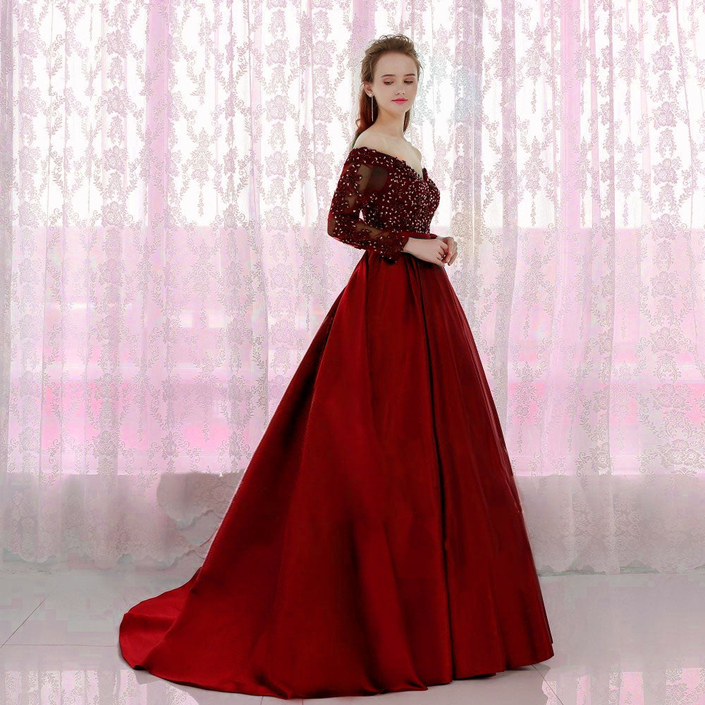 G227 (2), Wine Satin Full Sleeves Off Shoulder Trail Ball gown