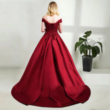 Load image into Gallery viewer, G130 (10+2) Wine Satin Off Shoulder Trail Ball gown, Size (XS-30 to XL-40)