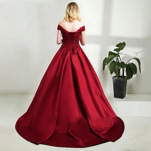 G130 (10+2) Wine Satin Off Shoulder Trail Ball gown, Size (XS-30 to XL-40)