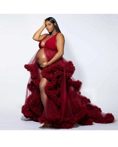 G2000, Dark Wine Ruffled maternity Shoot Gown With Inner, Size(ALL) pp