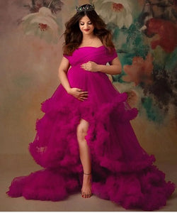 G1068 (2), Magenta Pink Slit Cut Ruffled Maternity Shoot Trail Gown With Inner, (All Sizes)
