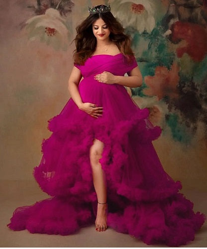 dark pink baby shower dress Momyknows Pink Off Shoulder Bandeau Ribbed Pleated Bodycon Puff Sleeve Evening Gown Baby Shower Maternity Maxi Dress