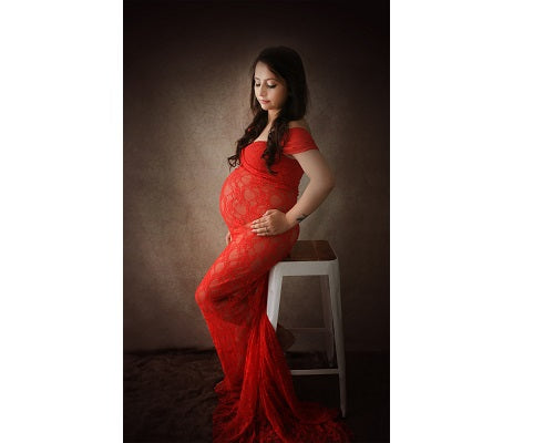 G198, Red Long Trail Transparent Maternity Shoot Baby Shower Gown, Size(ALL)pp
