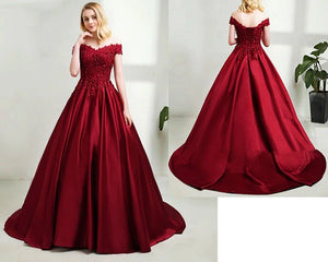 G130 (10+2), Wine Satin Off Shoulder Trail Ball gown, Size (XS-30 to XL-40)