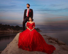 Load image into Gallery viewer, G129 (3), Red Offshoulder half sleeves Infinity Prewedding Shoot Trail Ball Gown, Size (XS-30 to L-38)