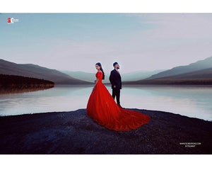 G129 (3), Red Offshoulder half sleeves Infinity Prewedding Shoot Trail Ball Gown, Size (XS-30 to L-38)