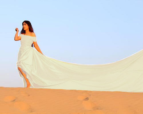 W324,  White  Satin Long Trail Prewedding  Shoot Gown, Size(All)pp
