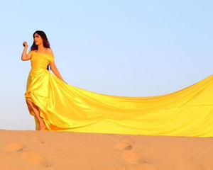 G278, Yellow Prewedding Shoot Satin Infinity Long Trail Gown Size (All)