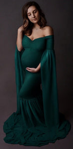 G281 (2), Green Long Sleeves Trail  Lycra Fit Gown, Size(ALL)