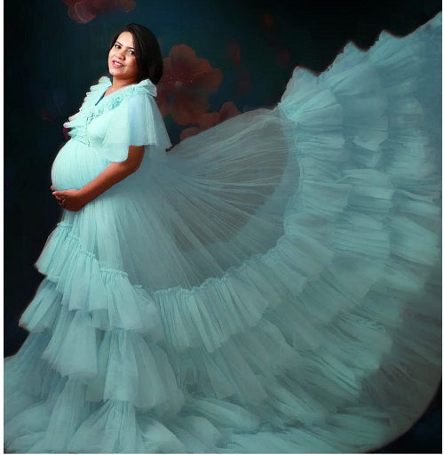 G355, Light Blue Ruffled Maternity Shoot  Gown, Size (All)pp