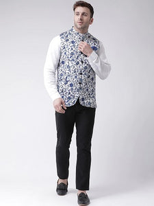 M33 Blue And White Flower Printed Nehru Jacket, Size (Size (38 to 42)