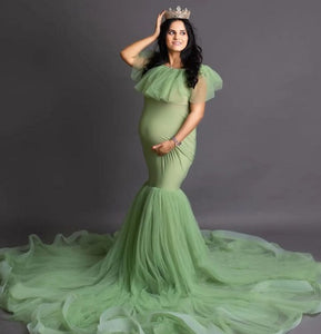 G608, Lime Green Ruffled Maternity Shoot Gown, Size (All Sizes)