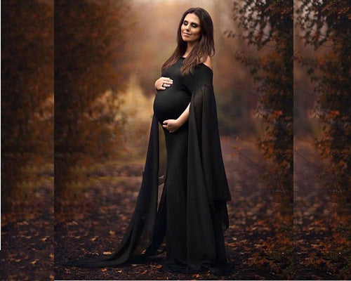 G192, Long Floor Touch Sleeves Black Maternity PhotoShoot Baby Shower Gown, Size (ALL)pp