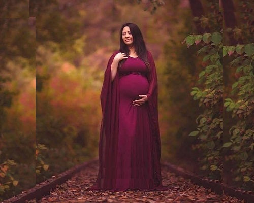 G194, Long Floor Touch Sleeves Wine Maternity PhotoShoot Baby Shower Gown, Size(All)