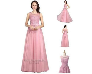 G80, Sweet Pink Lace Beading Long Gown, Size (XS-30 to L-38)