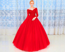 Load image into Gallery viewer, G335, Red Semi off Shoulder Ball Gown, Size (XS-30 to L-38)