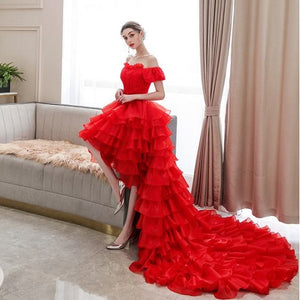G340, Luxury Red Short Front Long Back Trail Ball Gown, Size (All)PP