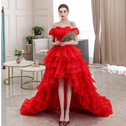 G340, Luxury Red Short Front Long Back Trail Ball Gown, Size (All)PP – Style Icon