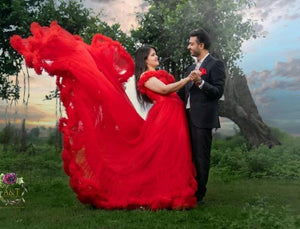 G137 (9), Luxury Red Puffy Cloud Trail Ball Gown, Size (XS-30 to xl 42)