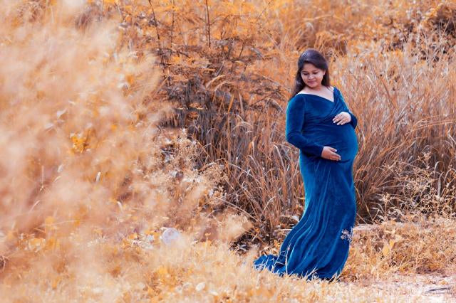 G241, Royal Blue Velvet Off Shoulder Full Sleeves Maternity Shoot Trail Baby Shower Gown,  Size - (XS-30 to XXL-44)