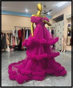 G1068, Hot Pink Slit Cut Ruffled Maternity Shoot Trail Gown With Inner, (All Sizes)pp