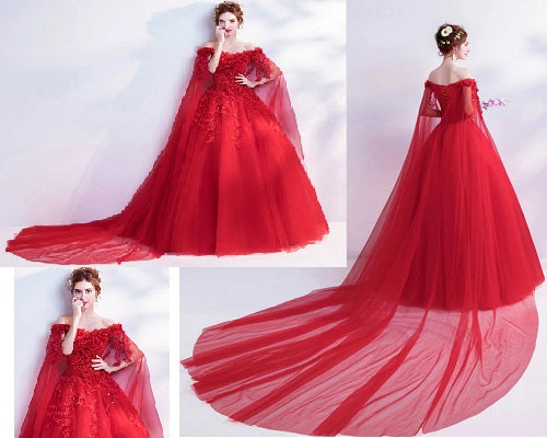 Off-shoulder Red Satin Slit Long Train Prom Gown - Promfy